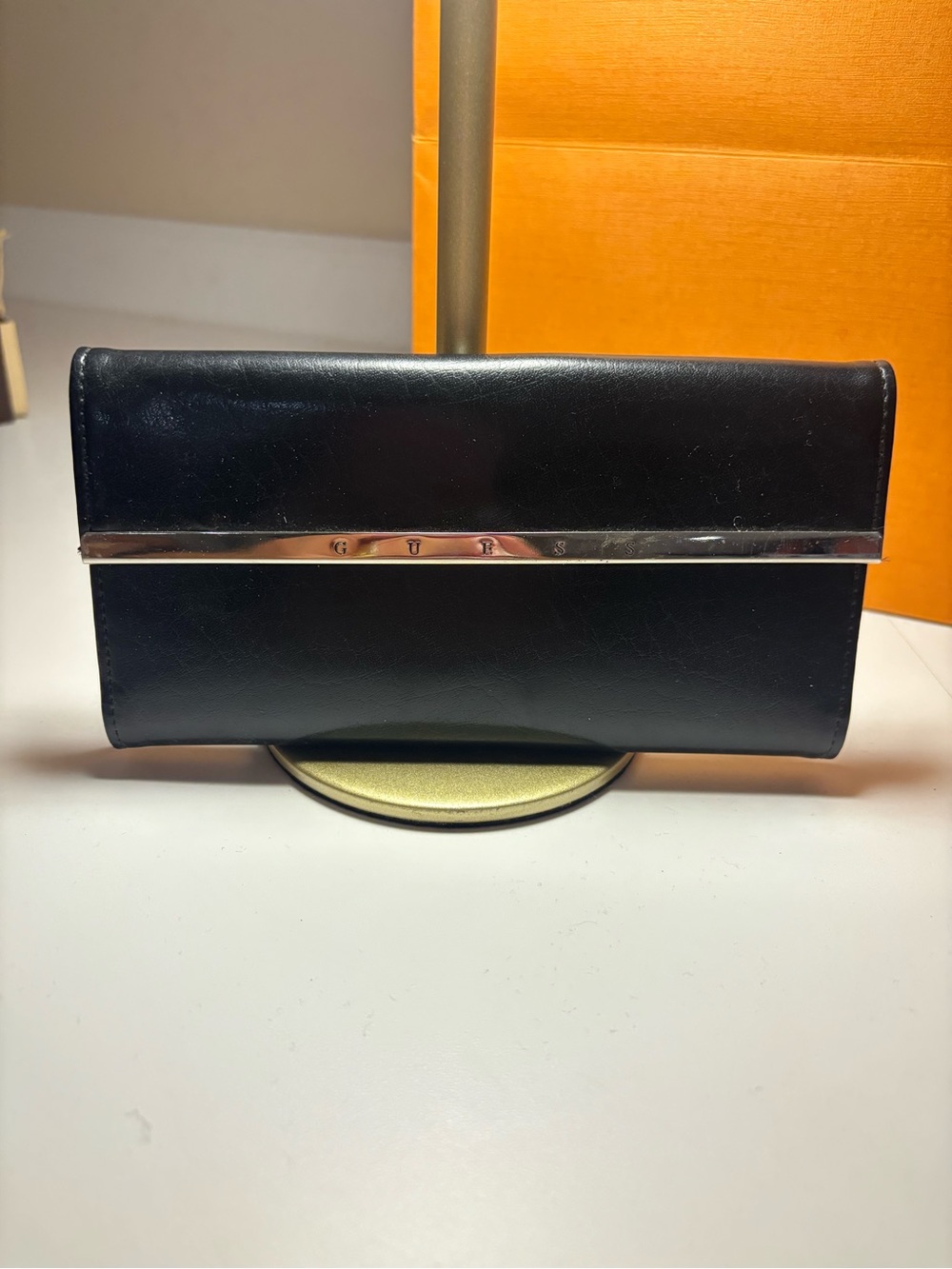 90’s Guess Black Leather Clutch with Silver-Tone Bar